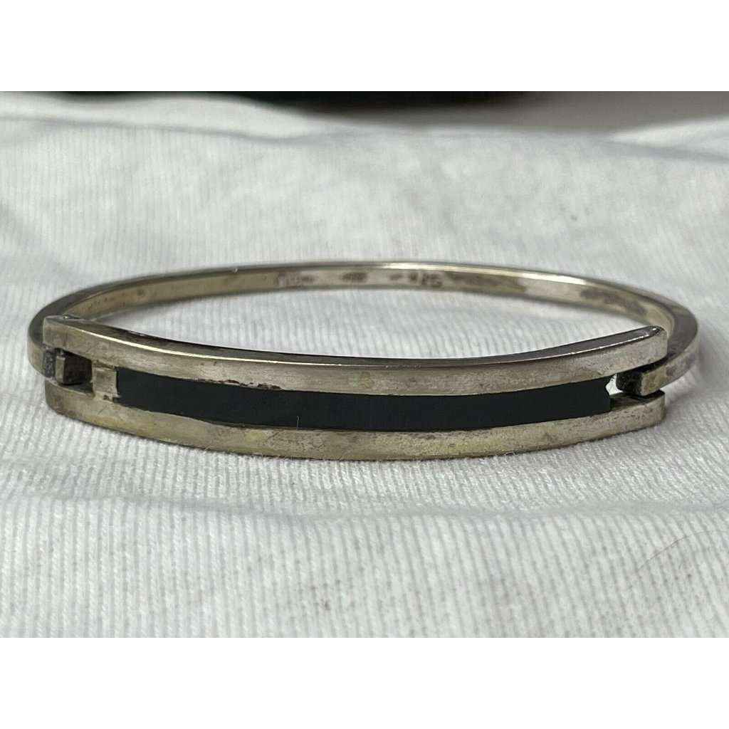 Vintage Mexican Hinged Bangle Bracelet Onyx Inlay Sterling Back Silverplate Top